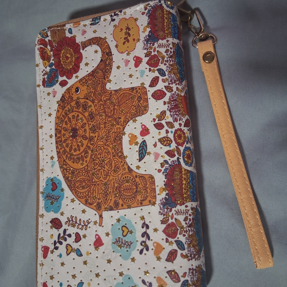 Printed Elephant Wristlet Wallet - White with Gold and Mustard Accents